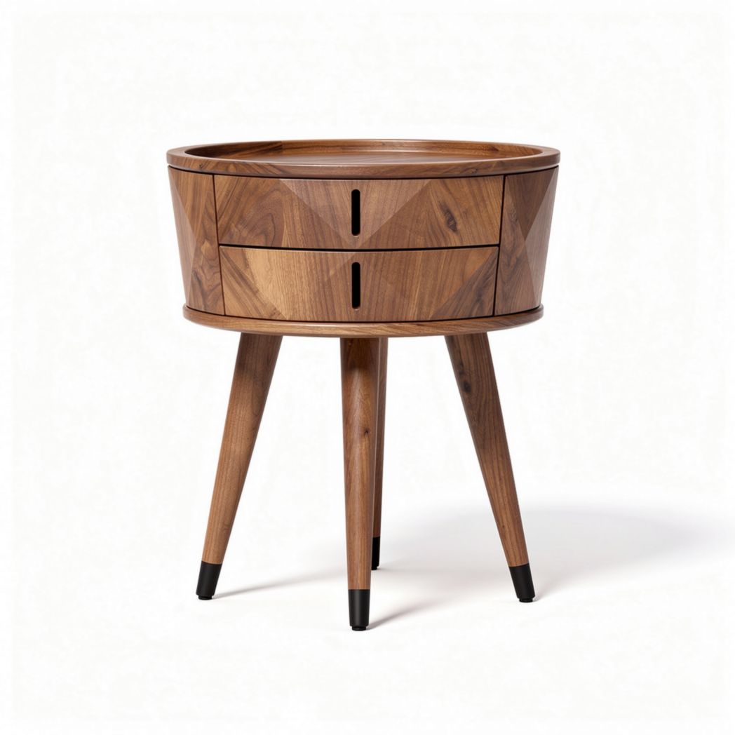 Walnut wood nightstand with two drawers and geometric design 40 x 40 x 60cm