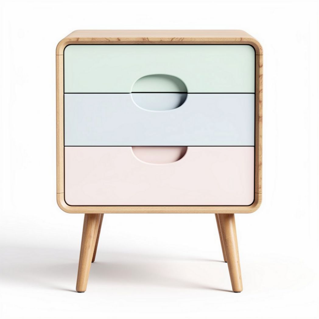 Wooden bedside table with three drawers in pastel colors 40 x 30 x 40cm