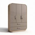 Modern three-door wardrobe with curved design and two drawers in beige finish