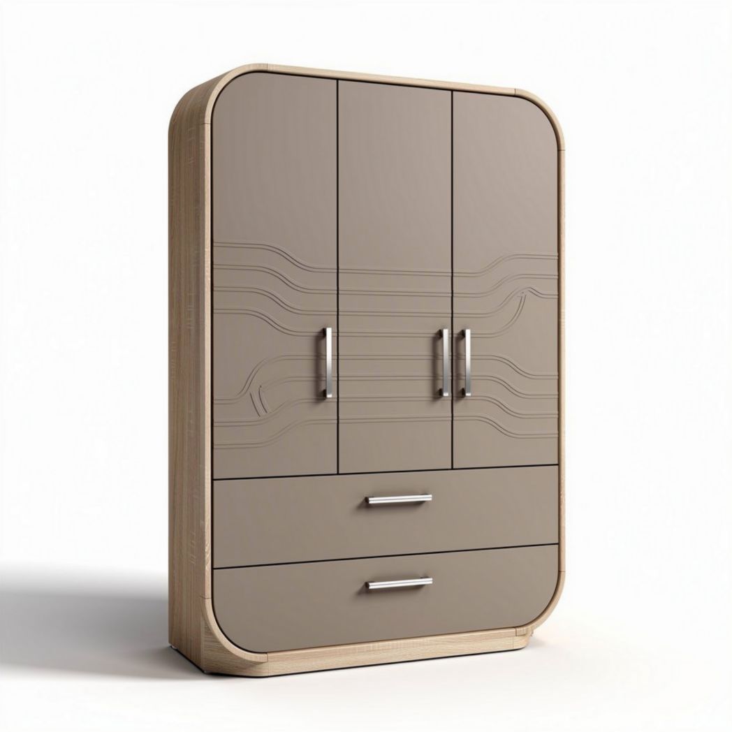 Modern three-door wardrobe with curved design and two drawers in beige finish