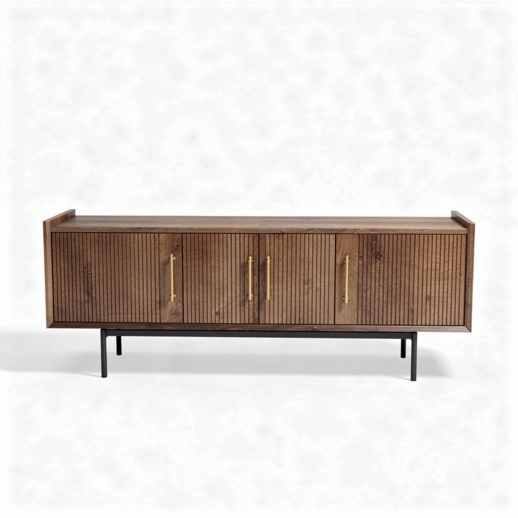 Wooden sideboard with metallic legs and brass handles in brown finish 150 x 40 x 70cm