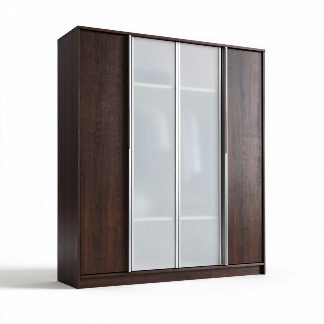 Sliding door wardrobe with wooden frame and frosted glass panels 200 x 60 x 210cm