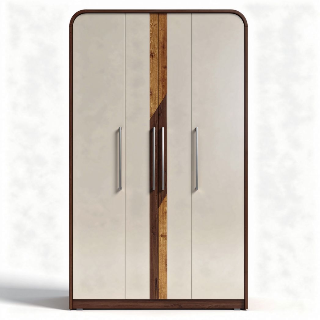 Modern wardrobe with wooden accents in cream and brown finish 150 x 80 x 220cm