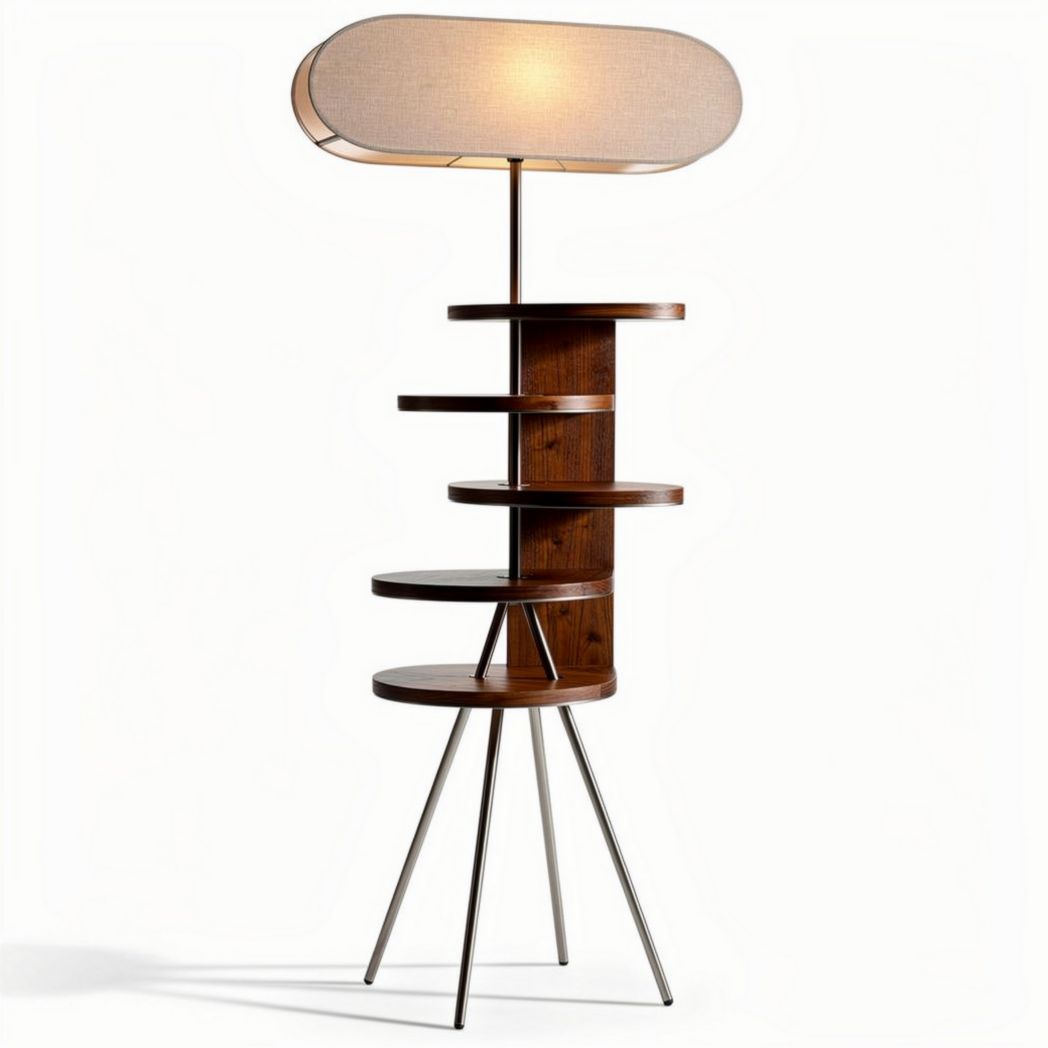 Modern wood floor lamp with shelves and fabric shade 25 x 25 x 150cm