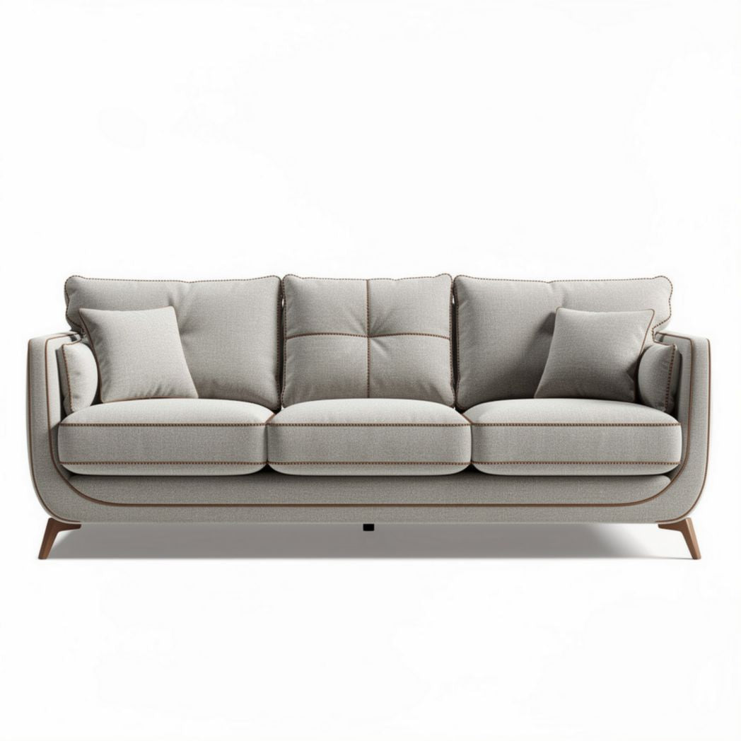 Beige fabric sofa with wooden legs and three plush cushions 220 x 90 x 85cm