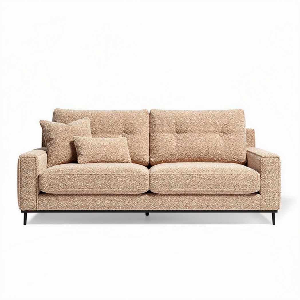 Beige fabric upholstered sofa with removable cushions and modern design