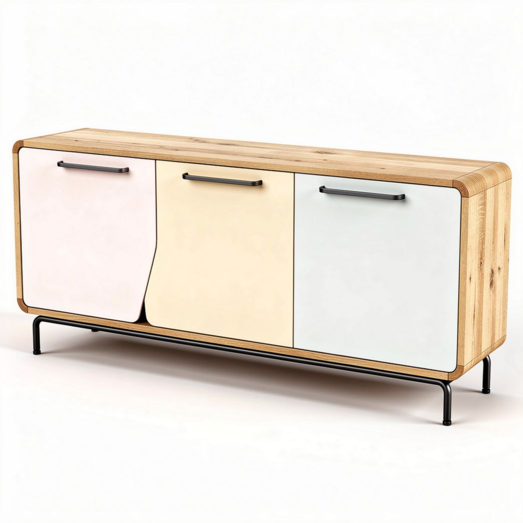 Wood and metal sideboard cabinet with three doors and minimalist design 150 x 40 x 60cm