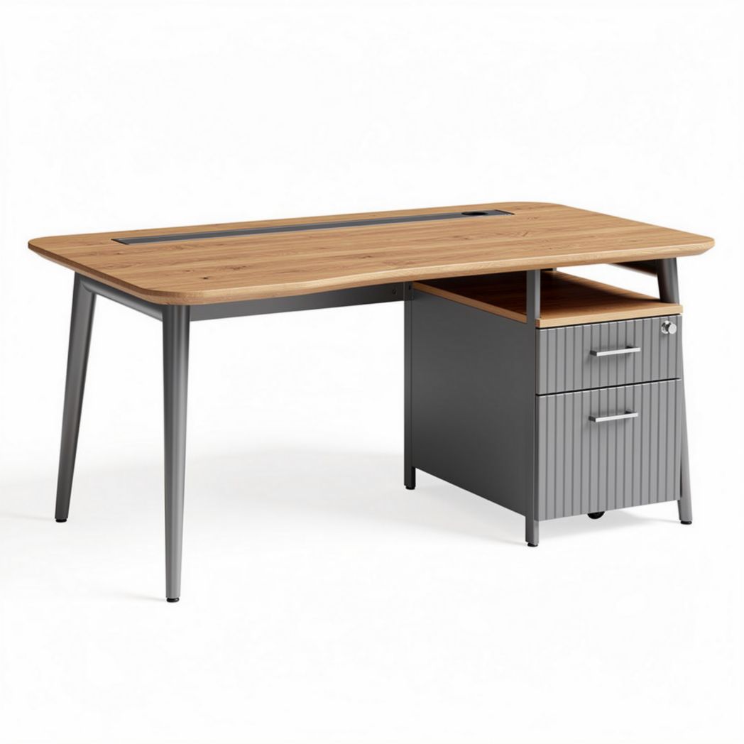 Wooden desk with gray metal frame and storage cabinet 150 x 75 x 75cm