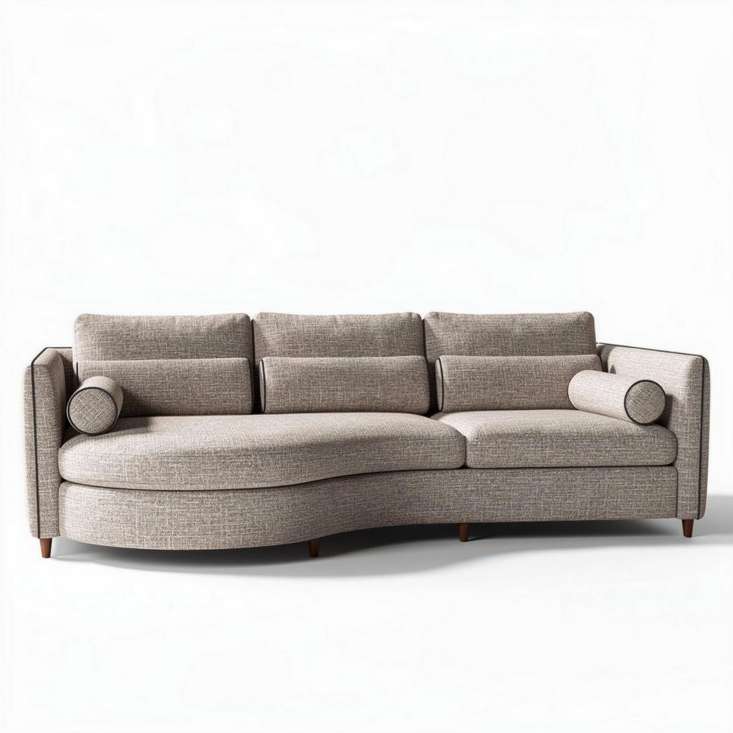 Curved sectional sofa in light gray fabric with two bolster pillows 230 x 90 x 85cm